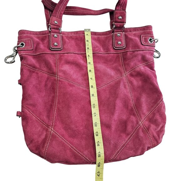 Red Suede Hype Large Tote Bag With Black Patterned Interior & Silver‎ Hardware - Picture 8 of 10